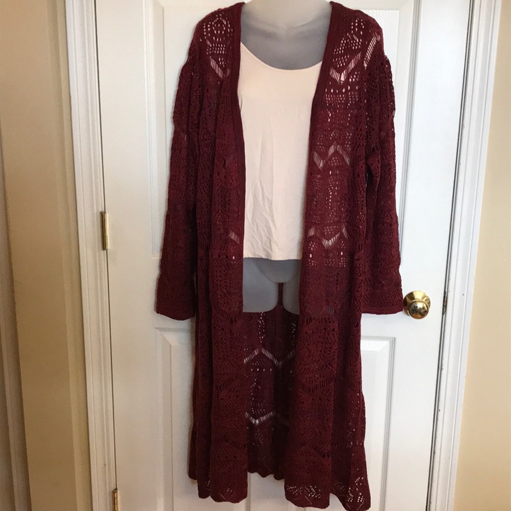 ONE WORLD burgundy red lacey knit duster cardigan NWT 1x